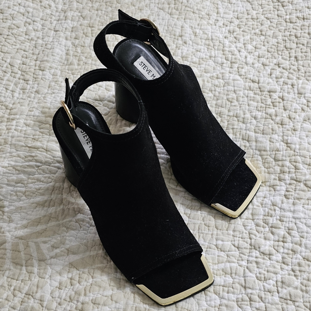 Steve Madden Tinah Heel Black Suede Size 7.5 Gold Toe